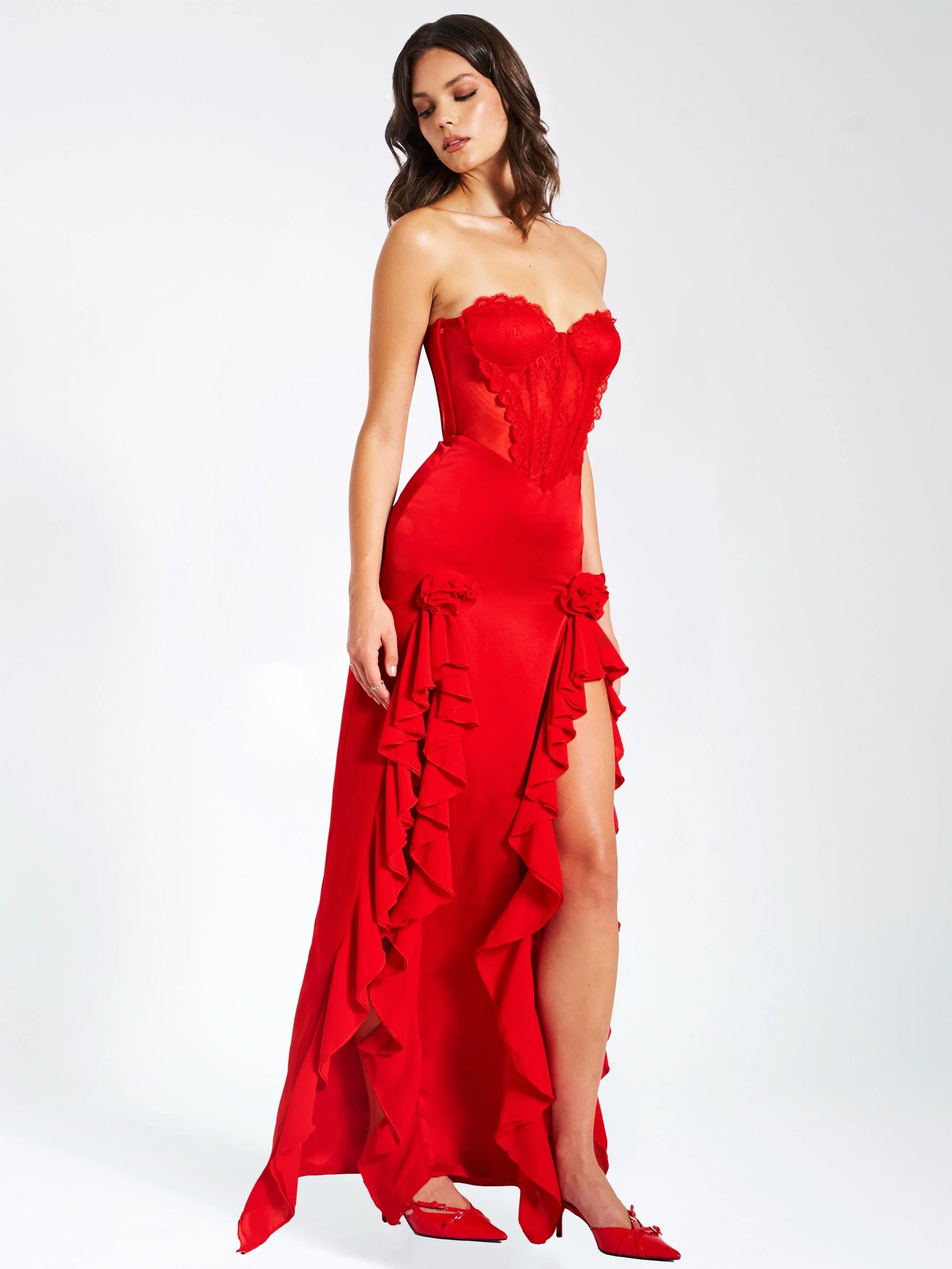 Talia Red Satin Lace Corset Maxi Dress - Miss Circle - Flyclothing LLC