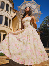 Zaina Yellow Pink Floral Print Lace Trim Linen Midi Dress - Miss Circle - Flyclothing LLC