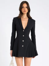 Ria Black Blazer Mini Dress with Crystal Button and Pleated Detail - Miss Circle - Flyclothing LLC
