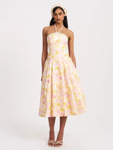 Zaina Yellow Pink Floral Print Lace Trim Linen Midi Dress - Miss Circle - Flyclothing LLC