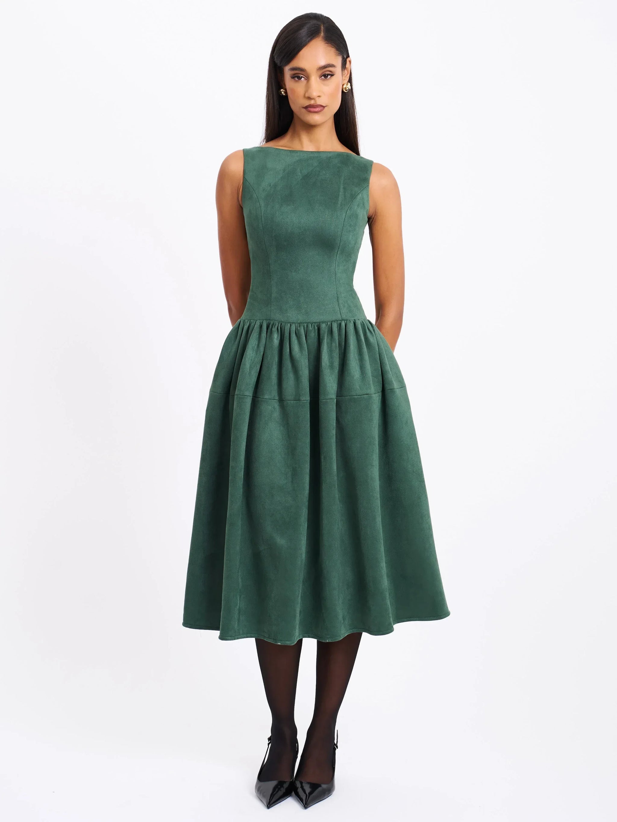 Laila Green Suede Boat Neck Backless Midi Dress - Miss Circle - Flyclothing LLC