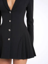 Ria Black Blazer Mini Dress with Crystal Button and Pleated Detail - Miss Circle - Flyclothing LLC