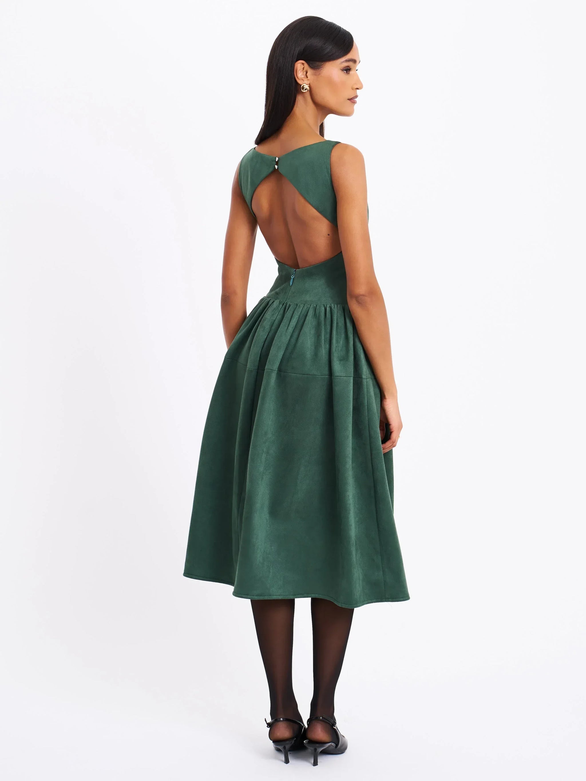 Laila Green Suede Boat Neck Backless Midi Dress - Miss Circle - Flyclothing LLC
