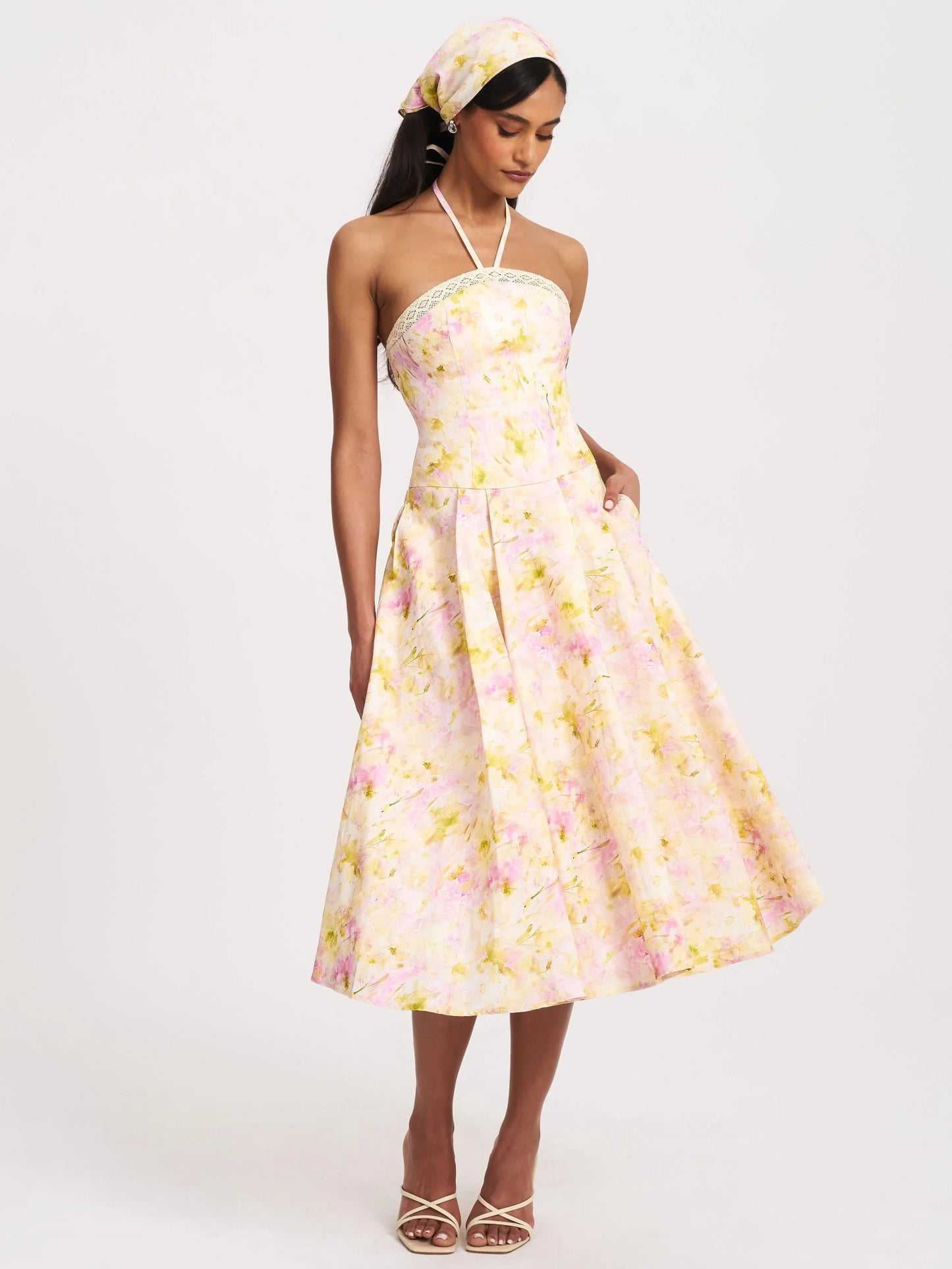 Zaina Yellow Pink Floral Print Lace Trim Linen Midi Dress - Miss Circle - Flyclothing LLC