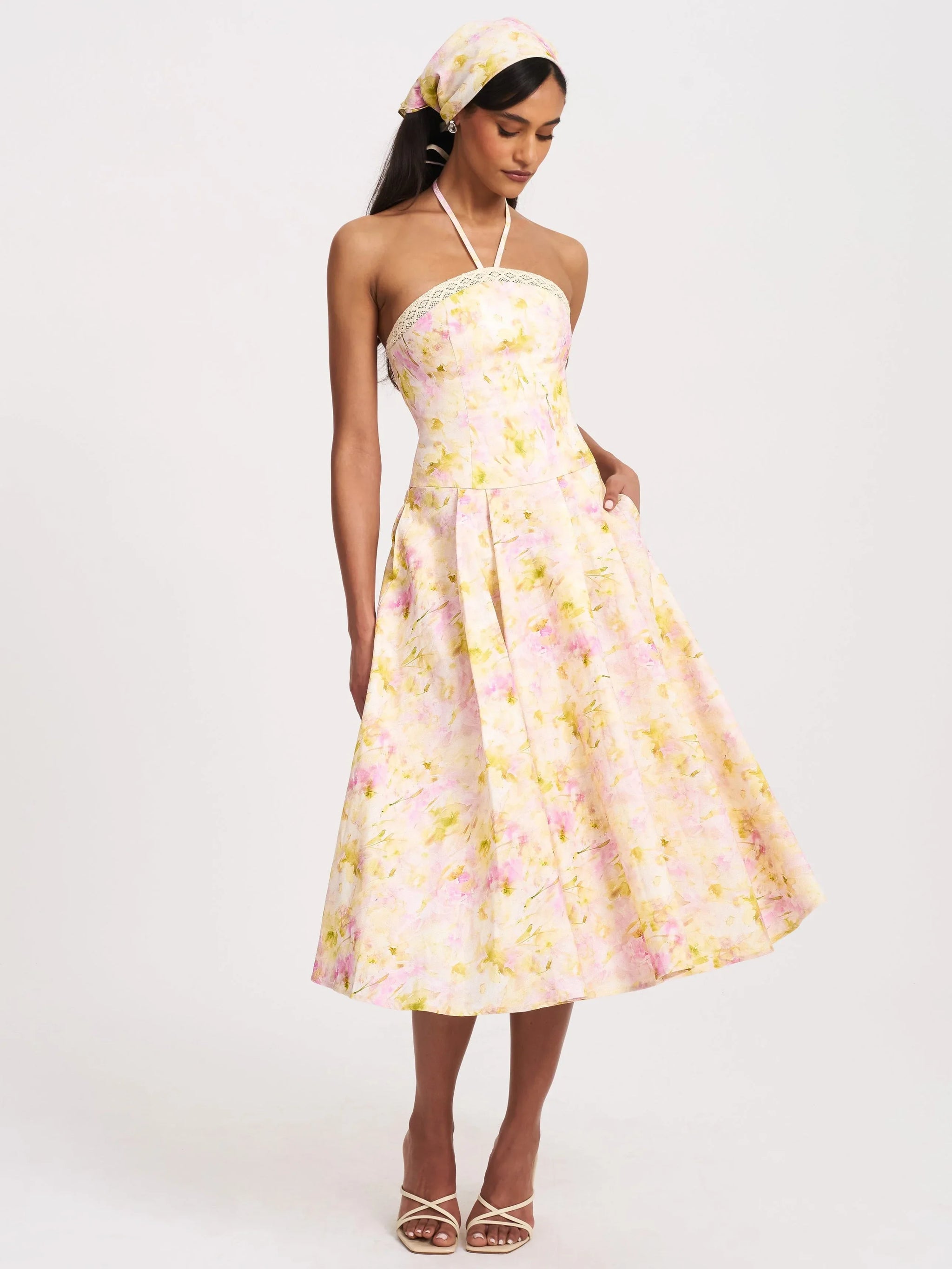 Zaina Yellow Pink Floral Print Lace Trim Linen Midi Dress - Miss Circle - Flyclothing LLC