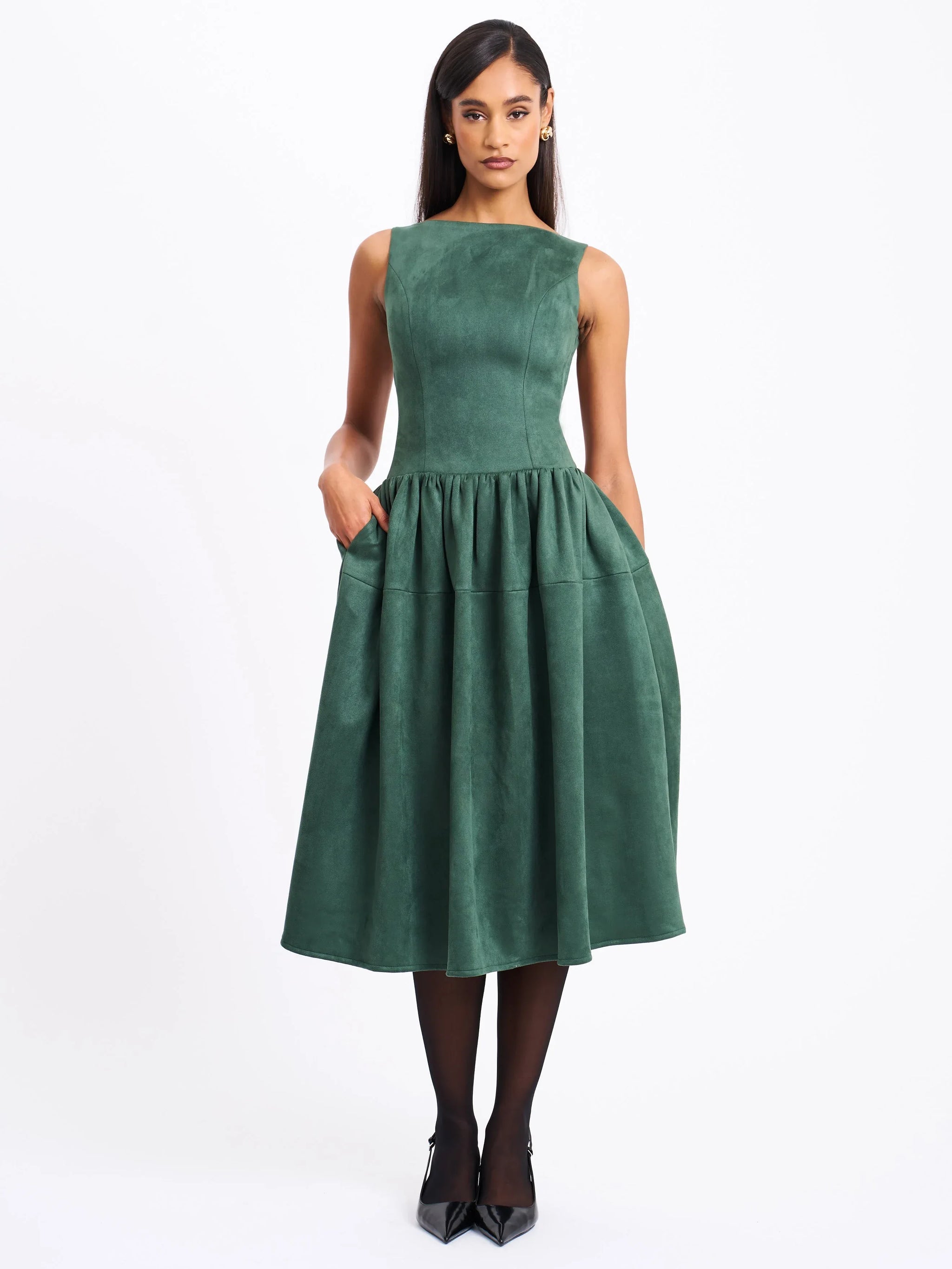 Laila Green Suede Boat Neck Backless Midi Dress - Miss Circle - Flyclothing LLC