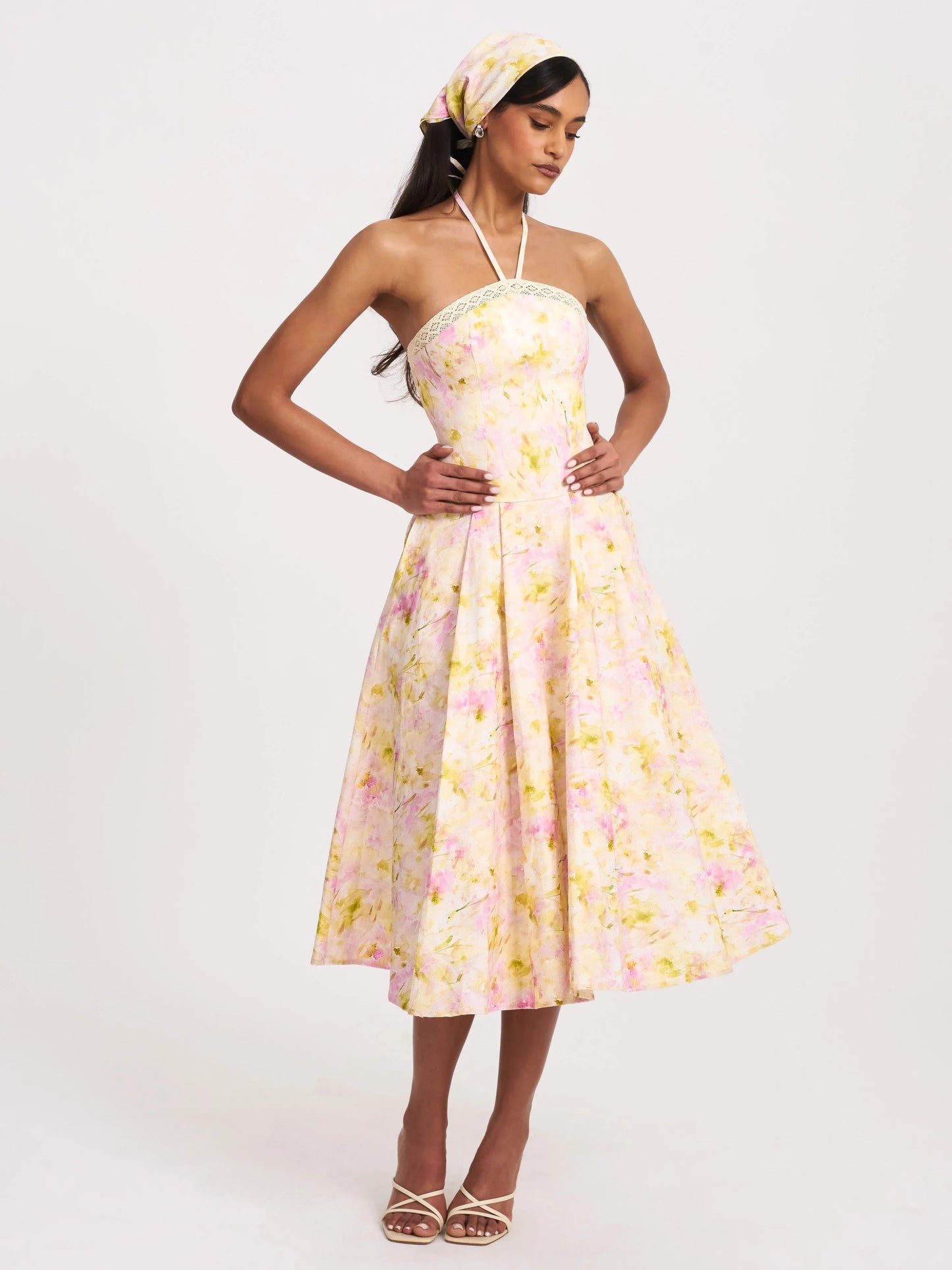 Zaina Yellow Pink Floral Print Lace Trim Linen Midi Dress - Miss Circle - Flyclothing LLC
