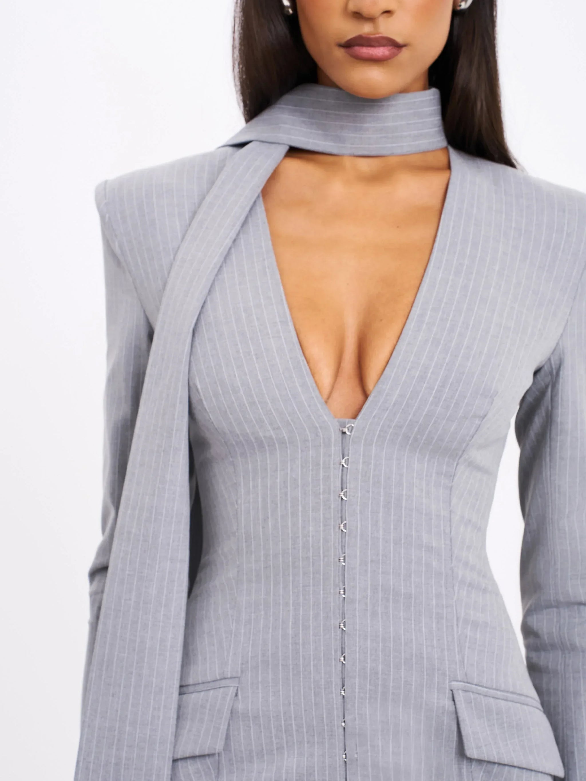 Tahlia Deep V Pinstripes Gray Blazer Dress with scarf collar - Miss Circle - Flyclothing LLC