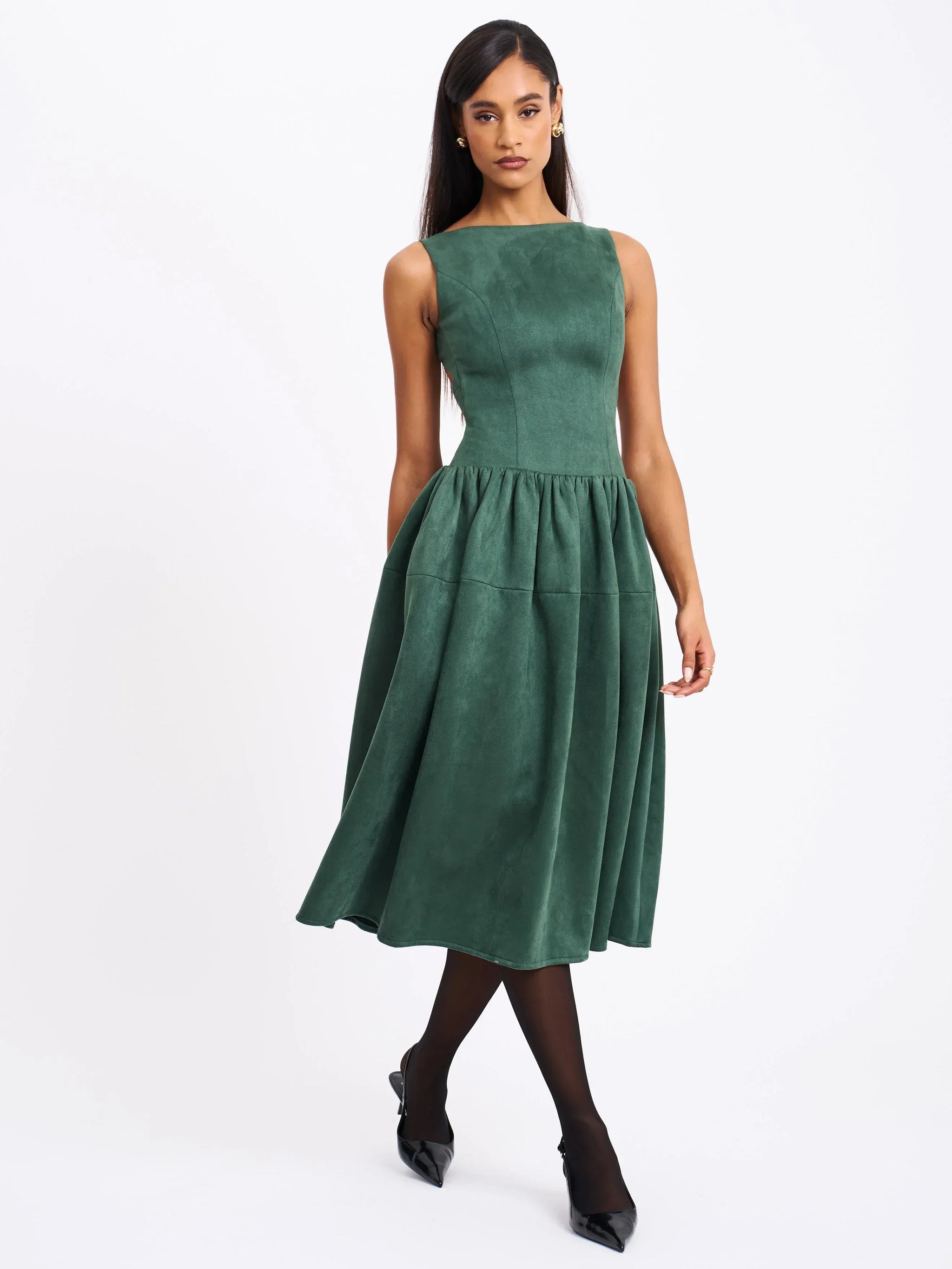 Laila Green Suede Boat Neck Backless Midi Dress - Miss Circle - Flyclothing LLC