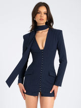 Tahlia Deep V Pinstripes Navy Blue Blazer Dress with scarf collar - Miss Circle - Flyclothing LLC