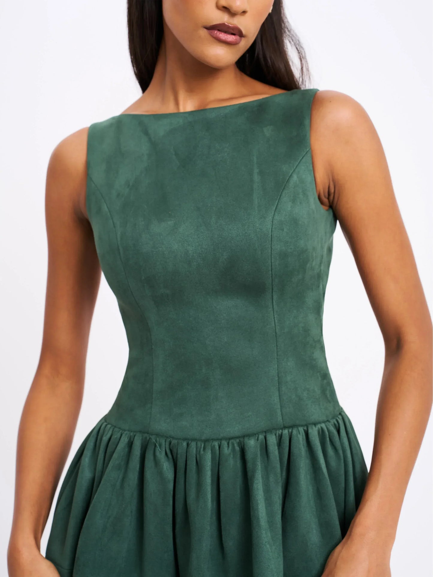 Laila Green Suede Boat Neck Backless Midi Dress - Miss Circle - Flyclothing LLC
