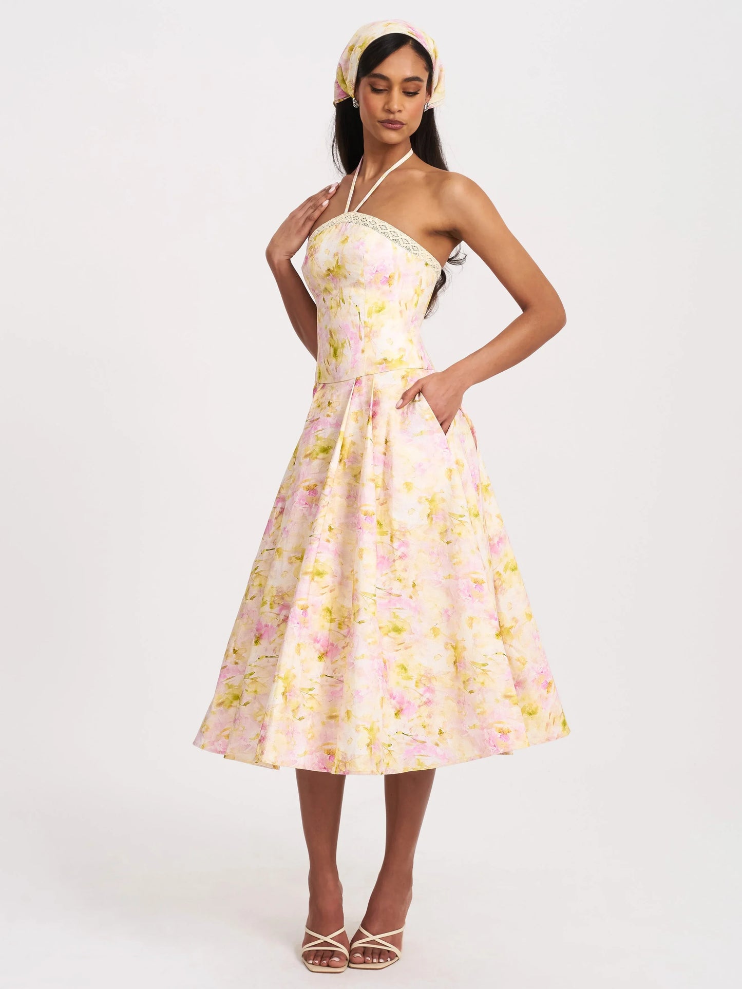 Zaina Yellow Pink Floral Print Lace Trim Linen Midi Dress - Miss Circle - Flyclothing LLC