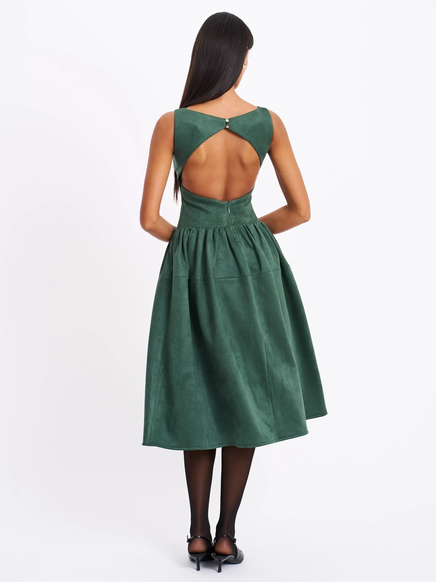 Laila Green Suede Boat Neck Backless Midi Dress - Miss Circle - Flyclothing LLC