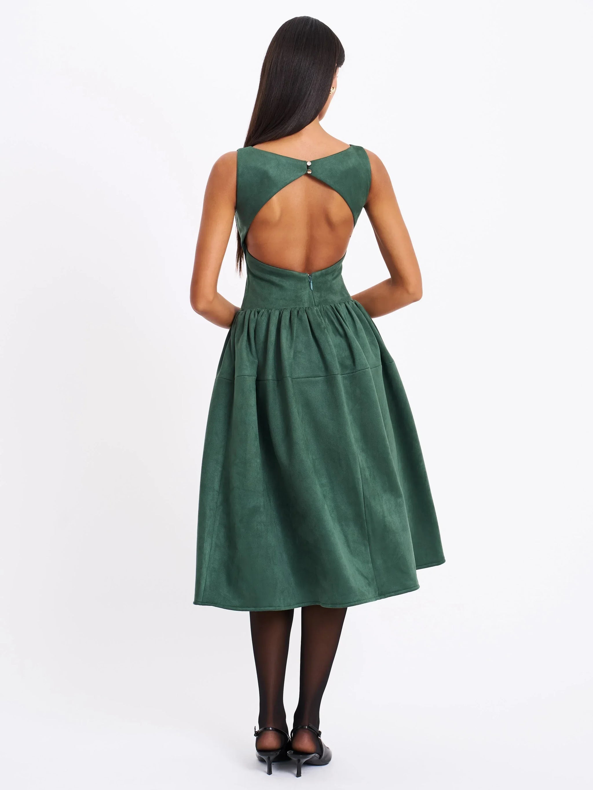 Laila Green Suede Boat Neck Backless Midi Dress - Miss Circle - Flyclothing LLC