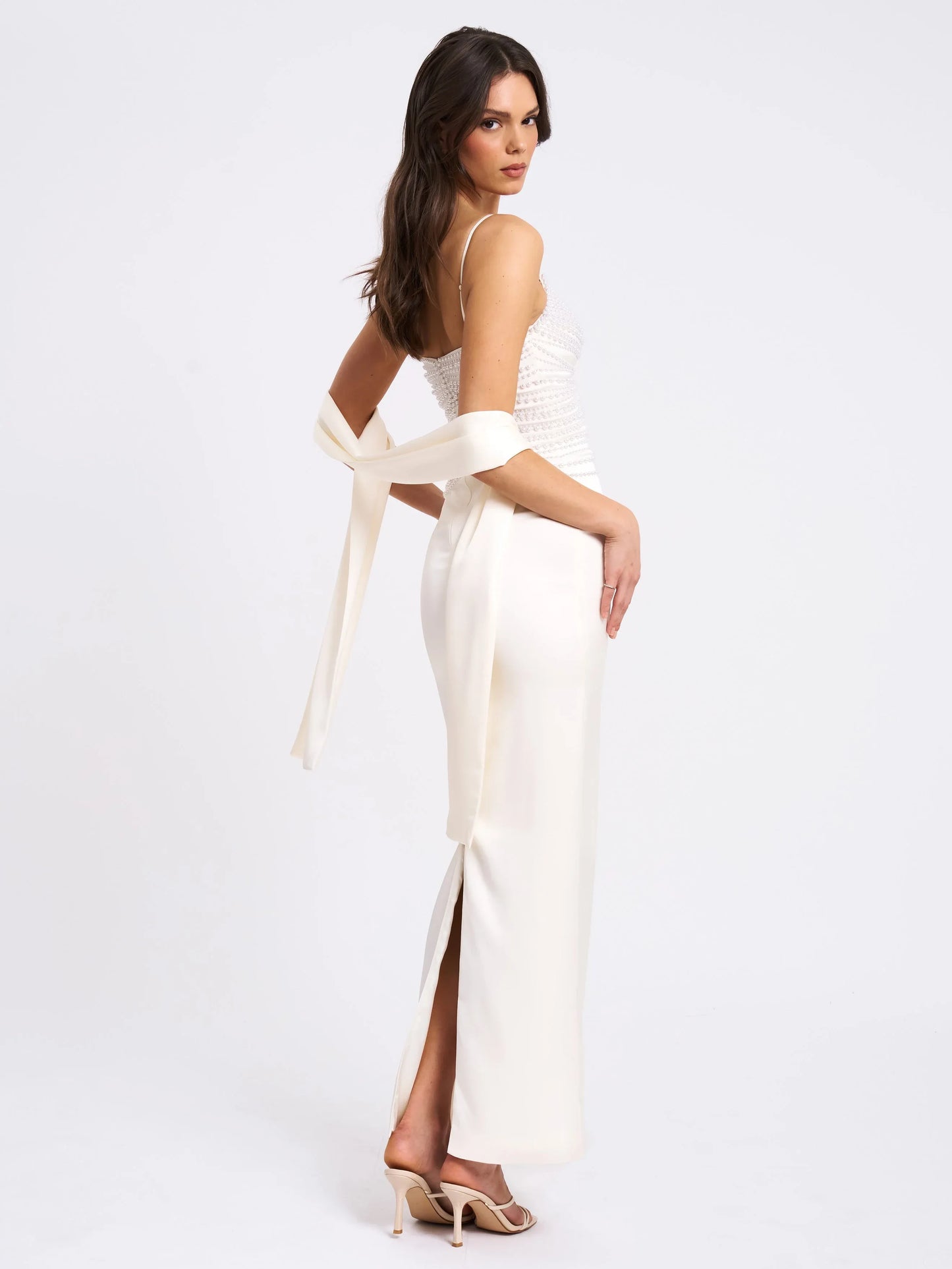 Karmen Pearl Top Pencil Slip Gown with Scarf - Miss Circle - Flyclothing LLC
