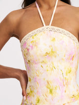 Zaina Yellow Pink Floral Print Lace Trim Linen Midi Dress - Miss Circle - Flyclothing LLC