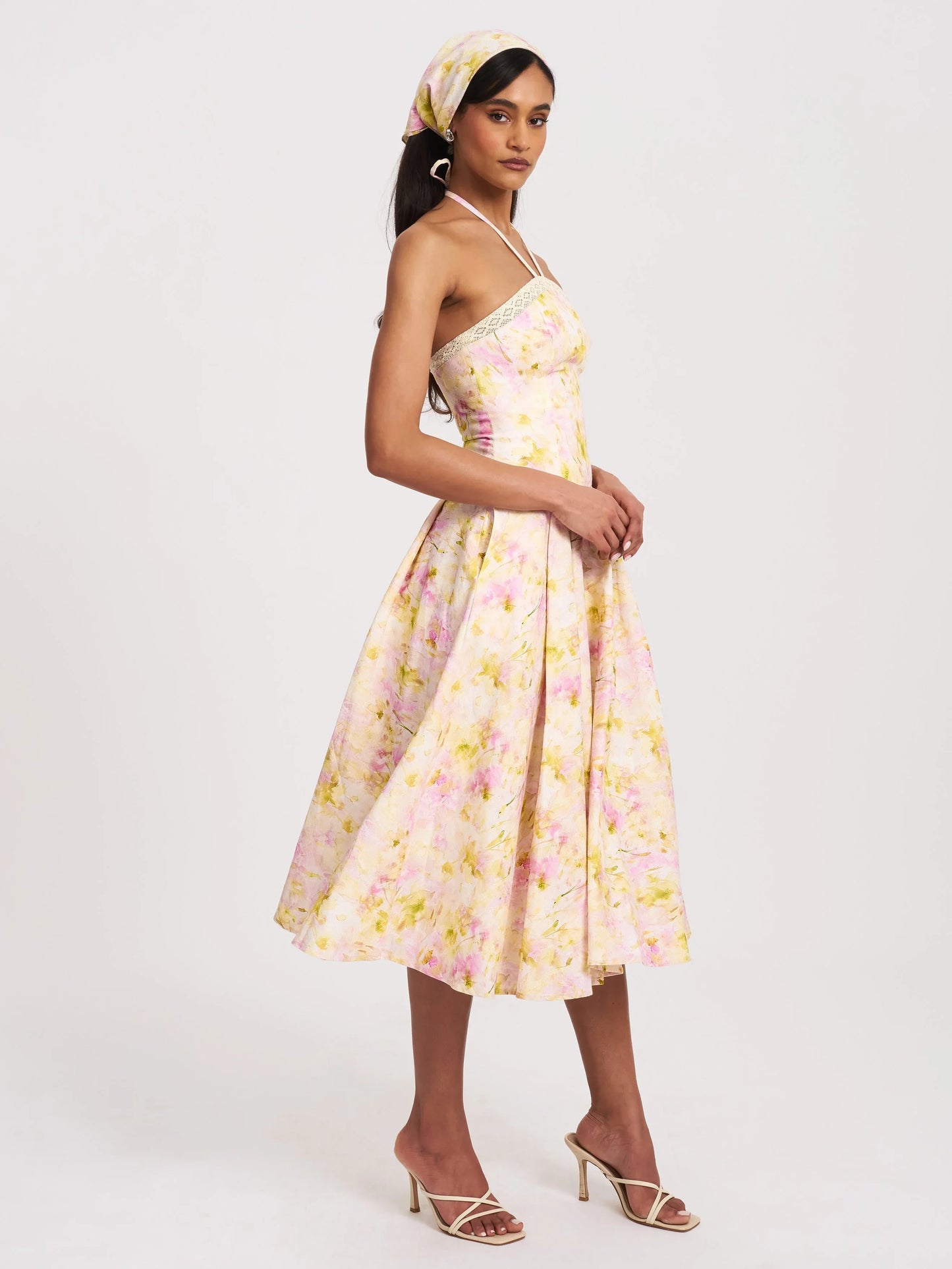 Zaina Yellow Pink Floral Print Lace Trim Linen Midi Dress - Miss Circle - Flyclothing LLC