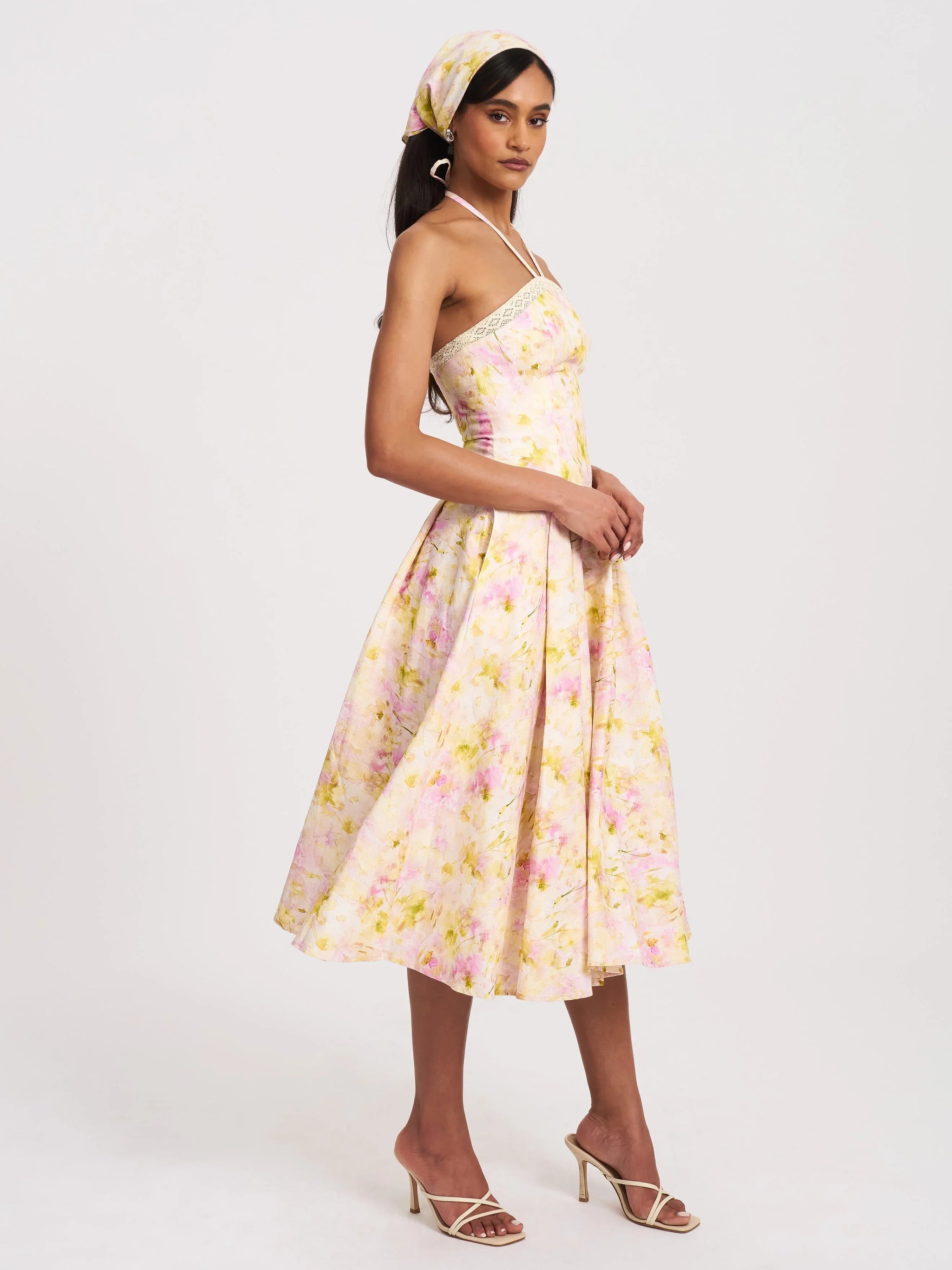 Zaina Yellow Pink Floral Print Lace Trim Linen Midi Dress - Miss Circle - Flyclothing LLC