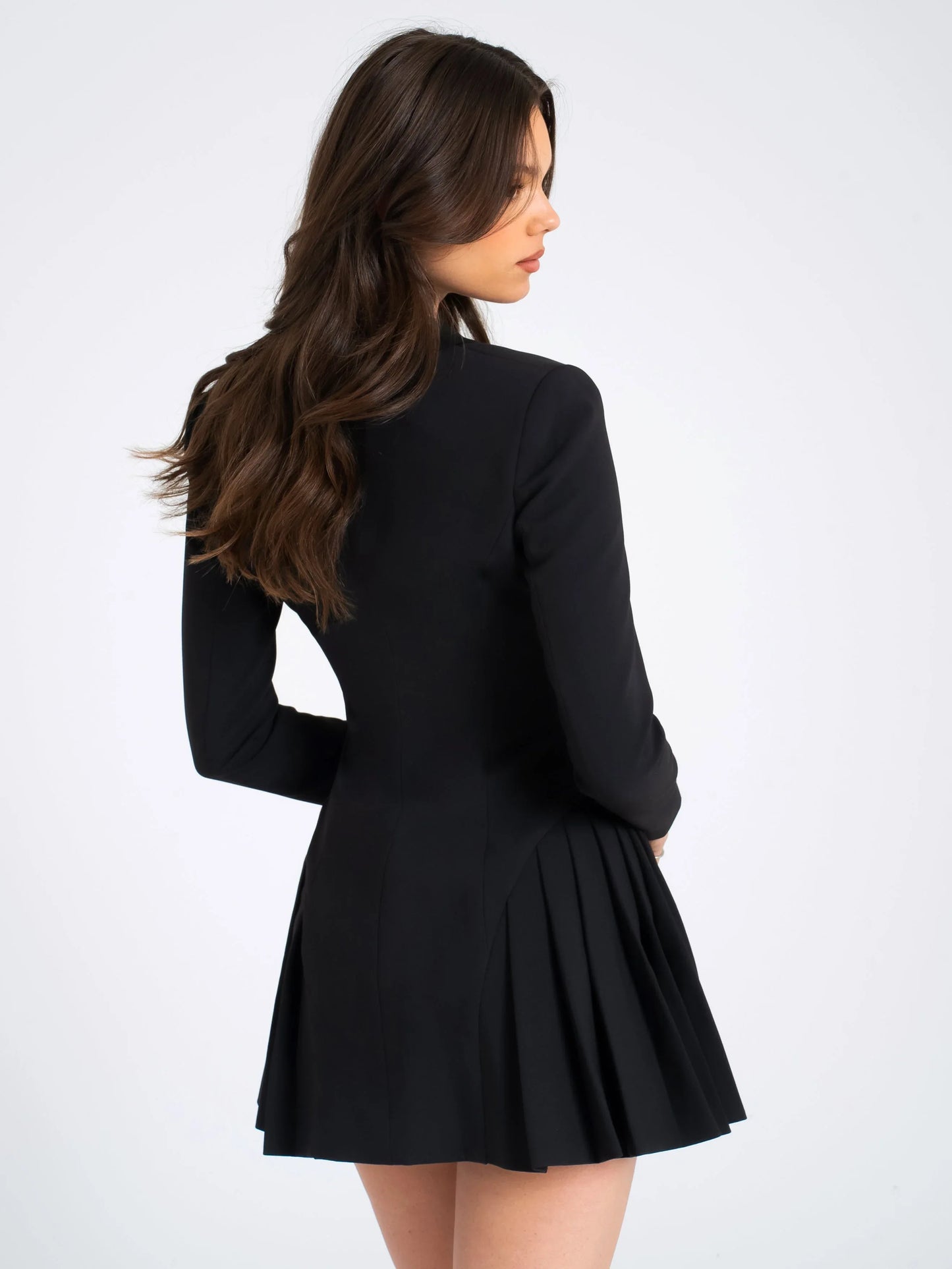Ria Black Blazer Mini Dress with Crystal Button and Pleated Detail - Miss Circle - Flyclothing LLC