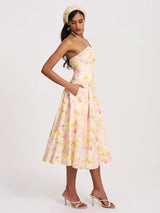 Zaina Yellow Pink Floral Print Lace Trim Linen Midi Dress - Miss Circle - Flyclothing LLC