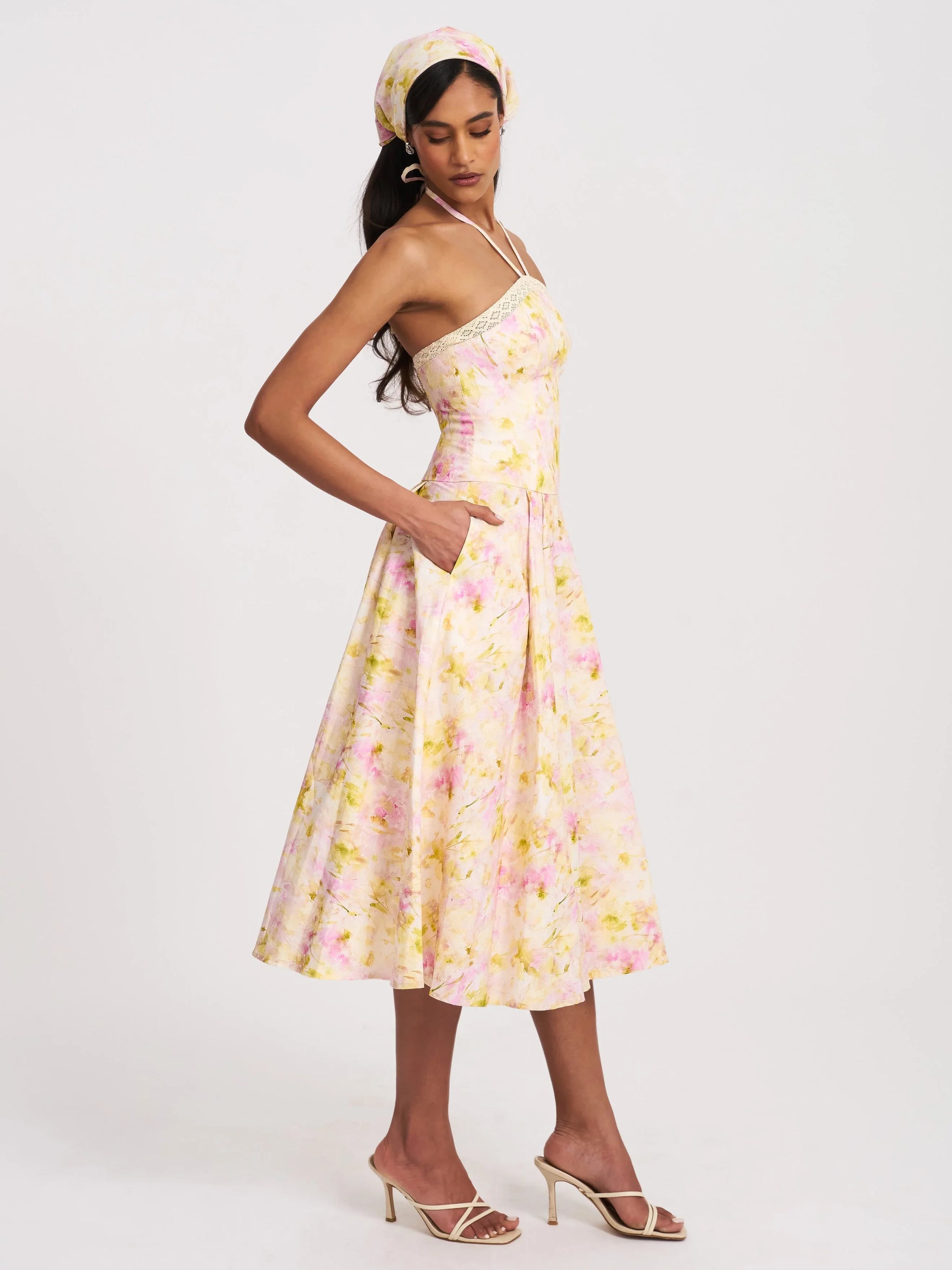 Zaina Yellow Pink Floral Print Lace Trim Linen Midi Dress - Miss Circle - Flyclothing LLC