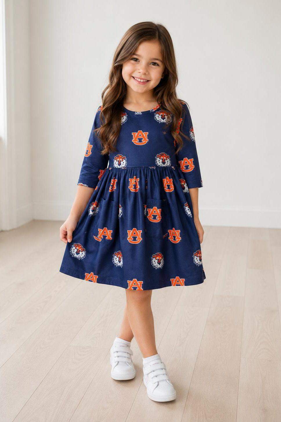 Auburn Blue Aubie 3/4 Sleeve Pocket Twirl Dress - Mila & Rose ® - Flyclothing LLC