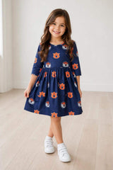 Auburn Blue Aubie 3/4 Sleeve Pocket Twirl Dress - Mila & Rose ® - Flyclothing LLC