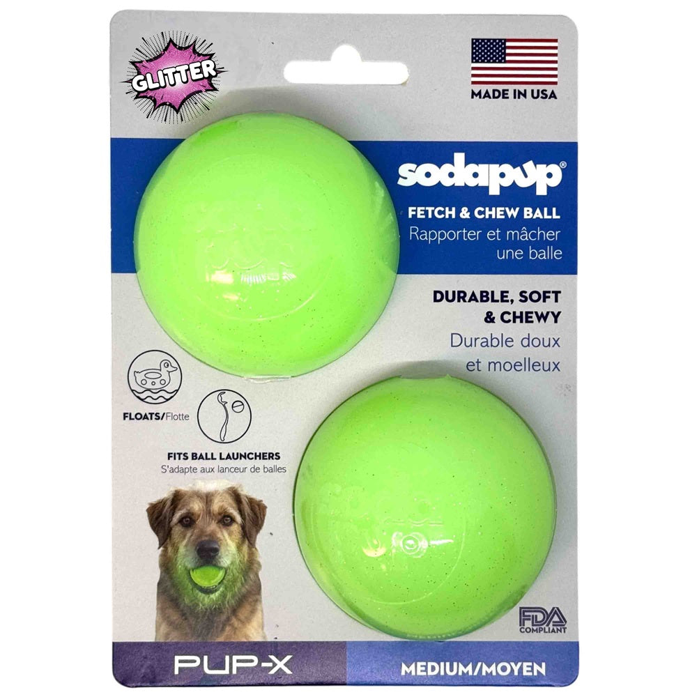 Green Glitter Ball 2-Pack Dog Toy | Soft PUP-X Rubber Floating Fetch Ball with Treat Dispenser | USA Made - SodaPup/True Dogs, LLC - Flyclothing LLC