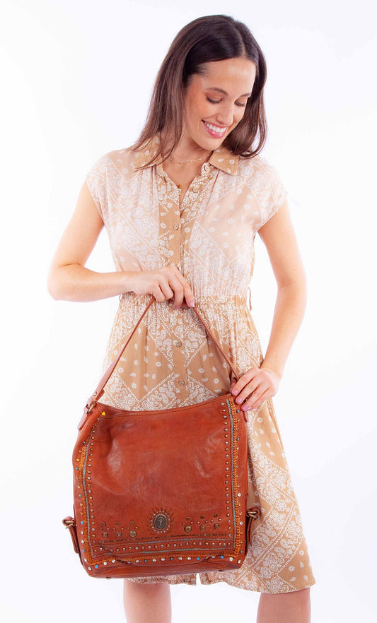 Scully Leather Cognac Embezzeled Ladies Handbag
