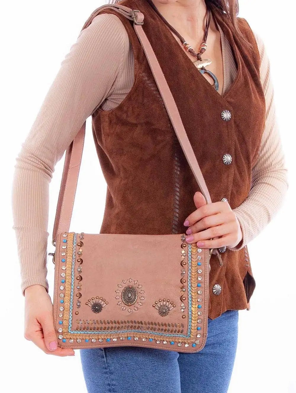 Scully Leather Sand Embellished Ladies Handbag - Scully Leather
