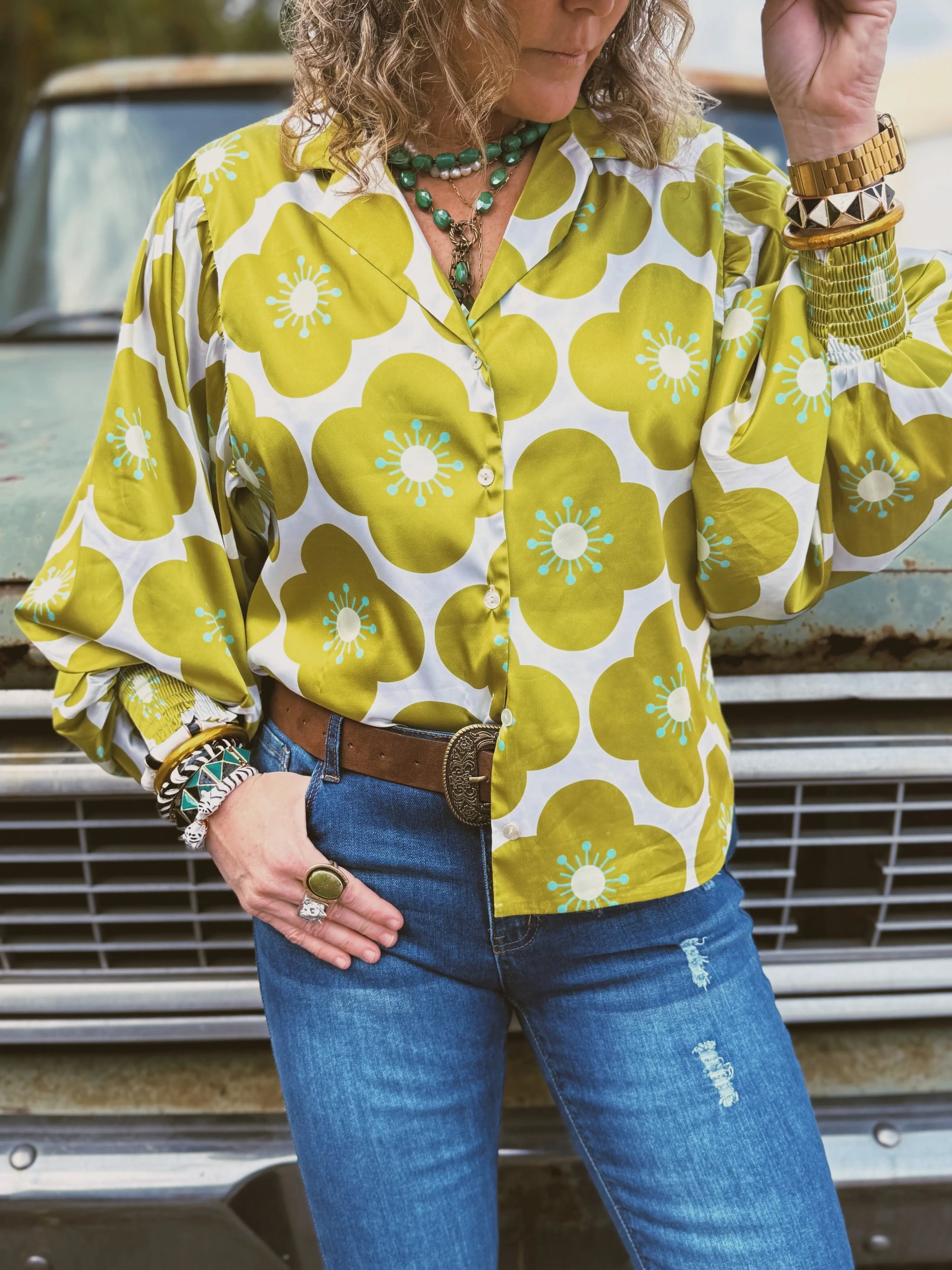 You Got Lucky Balloon Sleeve Button Up Blouse - Lil Bee's Bohemian - Flyclothing LLC
