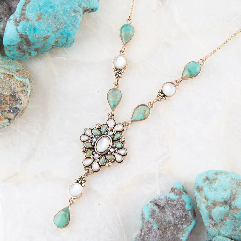 White Mother of Pearl and Blue Turquoise Golden Barcelona Y-Necklace - Barse Jewelry - Flyclothing LLC