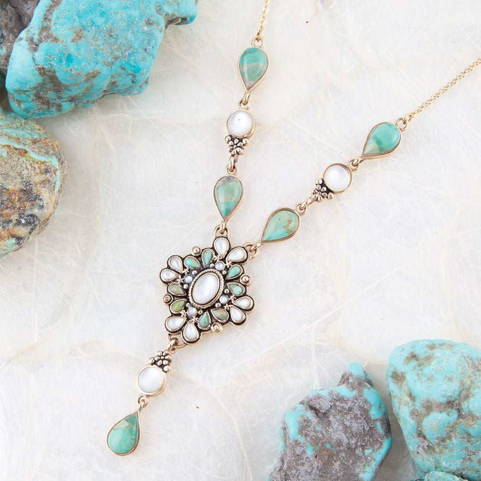 White Mother of Pearl and Blue Turquoise Golden Barcelona Y-Necklace - Barse Jewelry - Flyclothing LLC