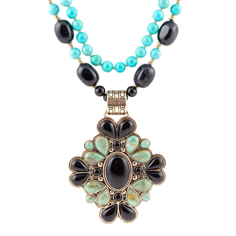 Barcelona Blue Turquoise and Black Onyx Golden Statement Necklace - Barse Jewelry