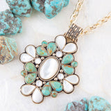 Barcelona Blue Turquoise and Mother of Pearl Golden Statement Necklace - Barse Jewelry