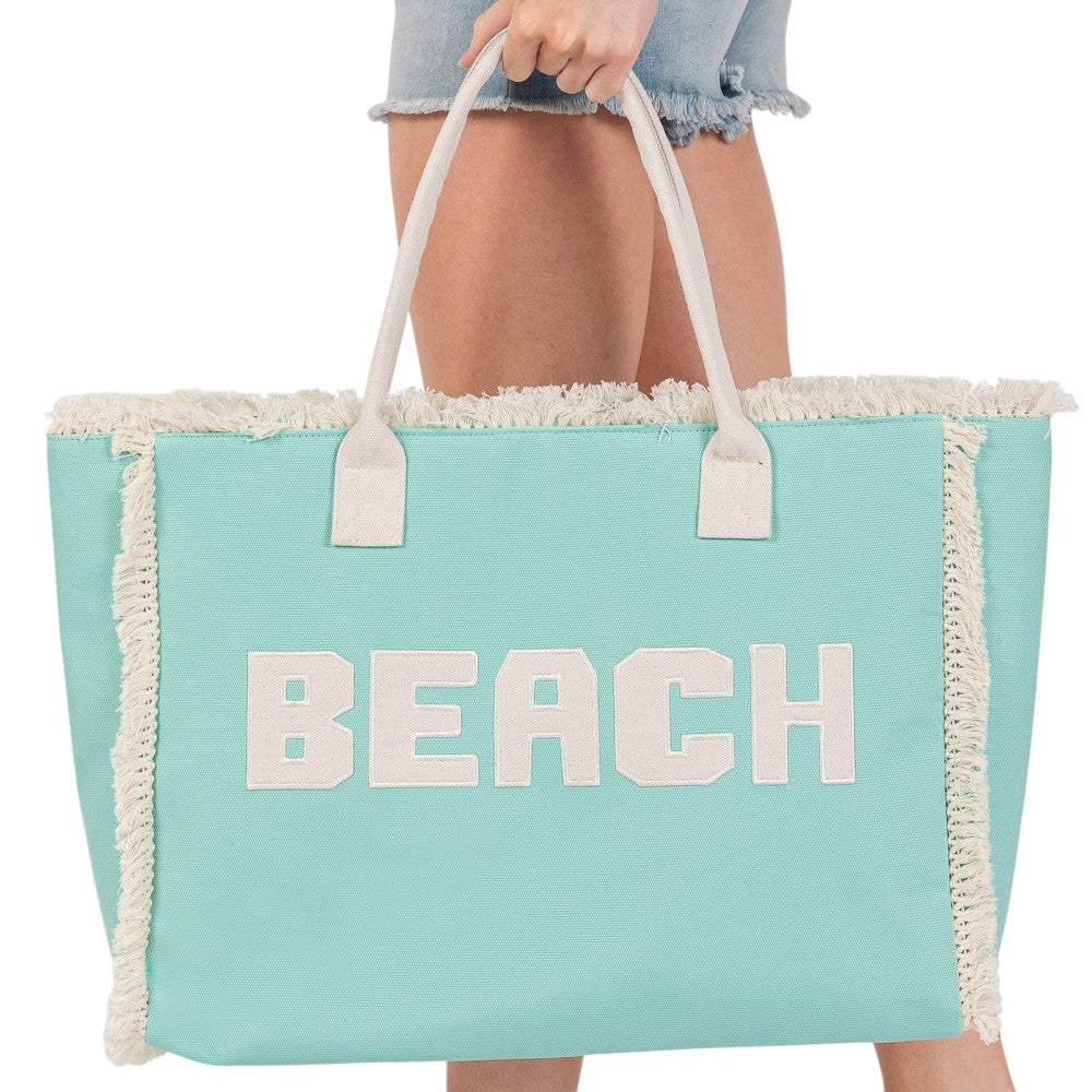 BEACH Message Embroidered Fringe Tote Bag / Beach Bag - Madeline Love - Flyclothing LLC