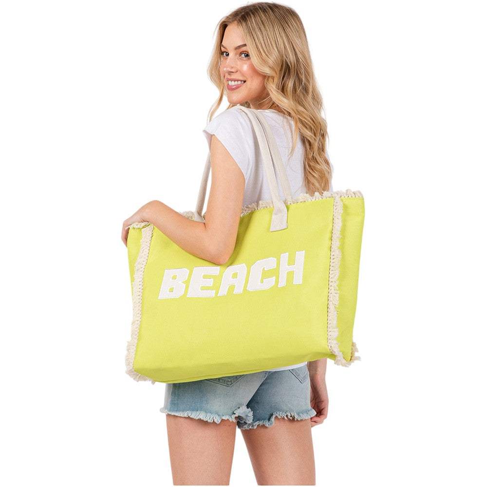 BEACH Message Embroidered Fringe Tote Bag / Beach Bag - Madeline Love - Flyclothing LLC