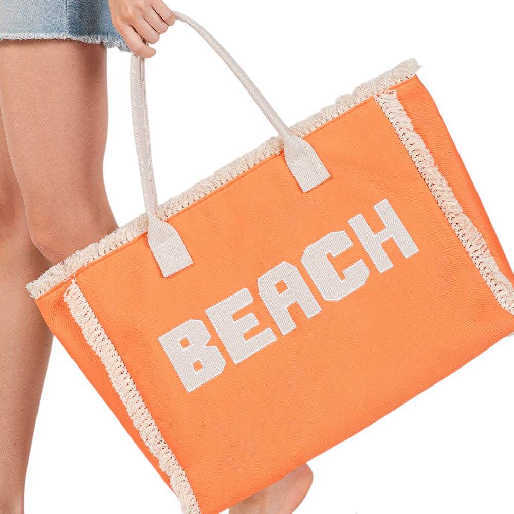 BEACH Message Embroidered Fringe Tote Bag / Beach Bag - Madeline Love - Flyclothing LLC