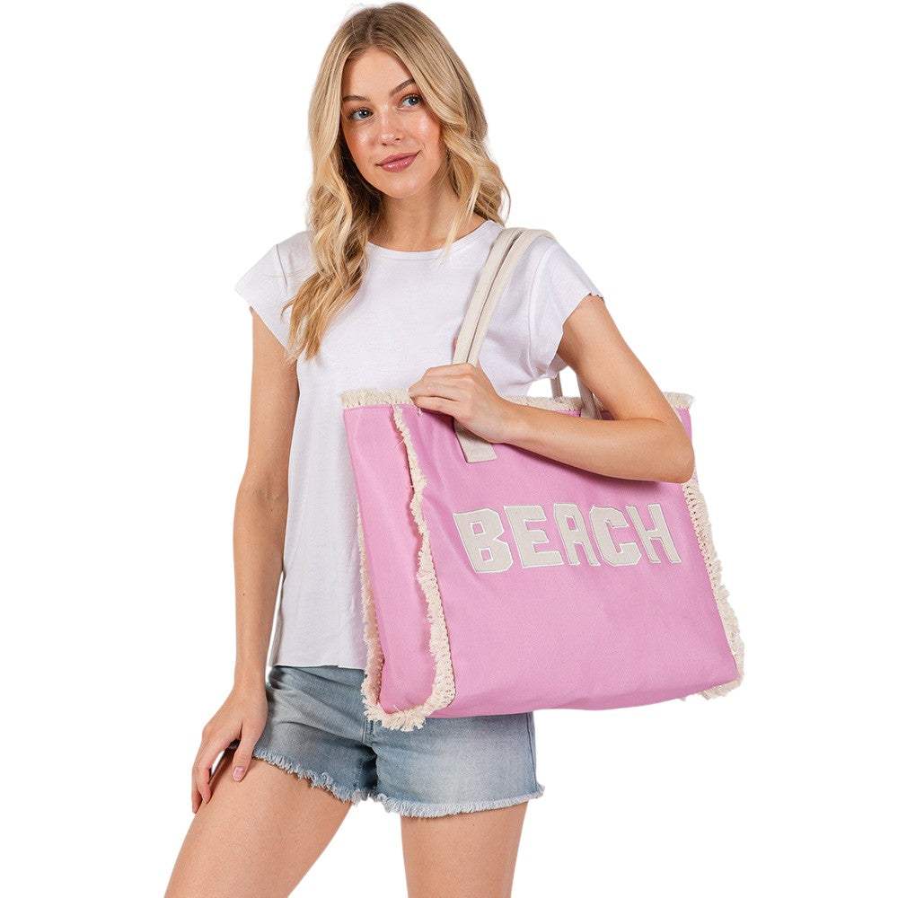 BEACH Message Embroidered Fringe Tote Bag / Beach Bag - Madeline Love - Flyclothing LLC