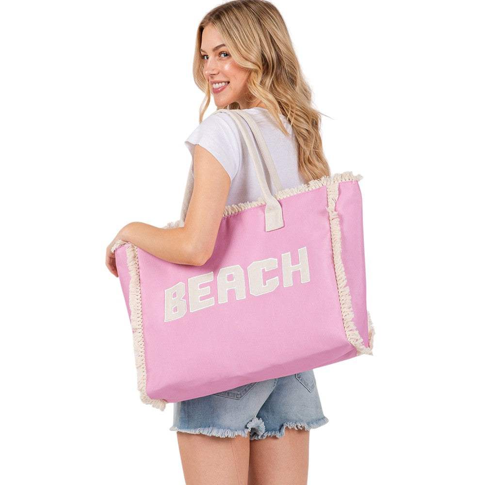 BEACH Message Embroidered Fringe Tote Bag / Beach Bag - Madeline Love - Flyclothing LLC