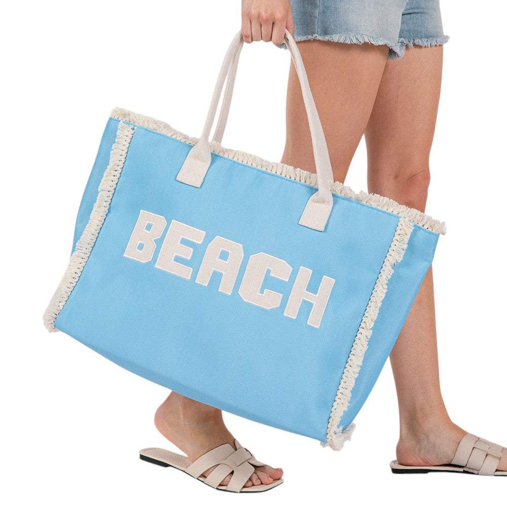 BEACH Message Embroidered Fringe Tote Bag / Beach Bag - Madeline Love - Flyclothing LLC