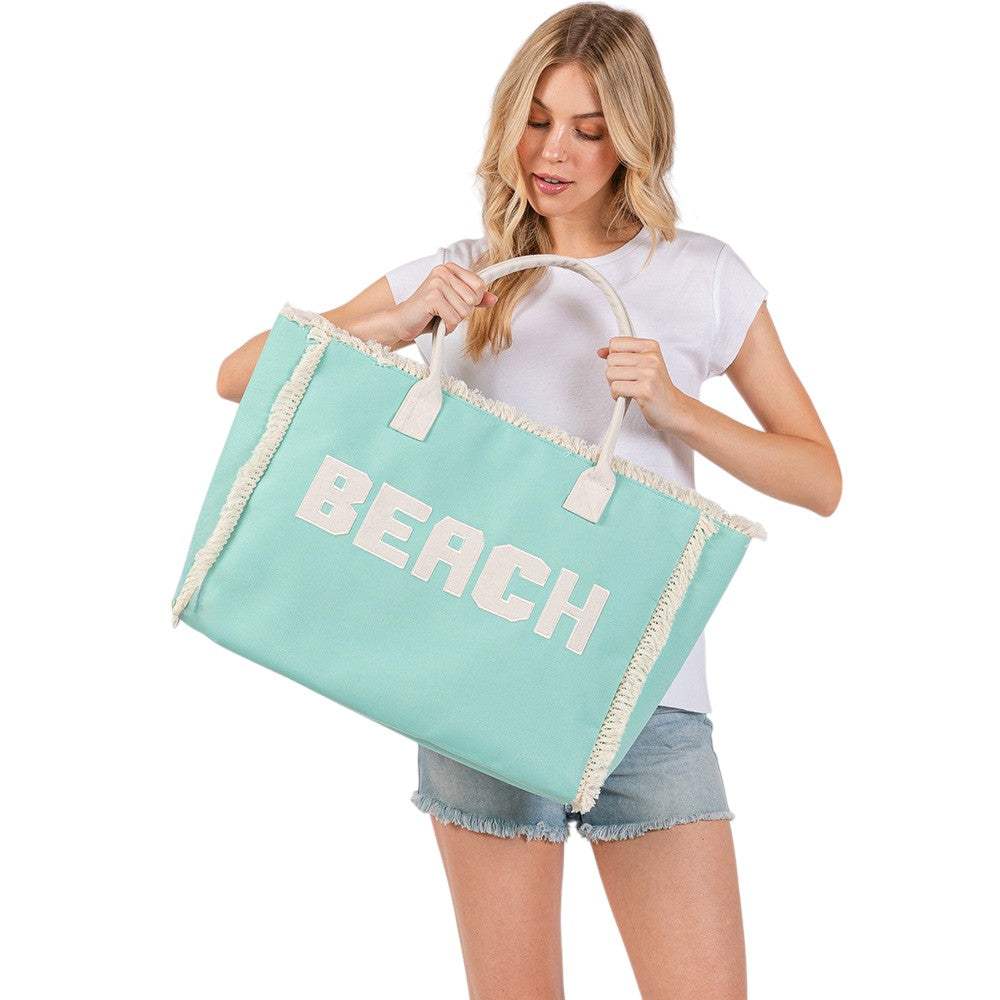 BEACH Message Embroidered Fringe Tote Bag / Beach Bag - Madeline Love - Flyclothing LLC