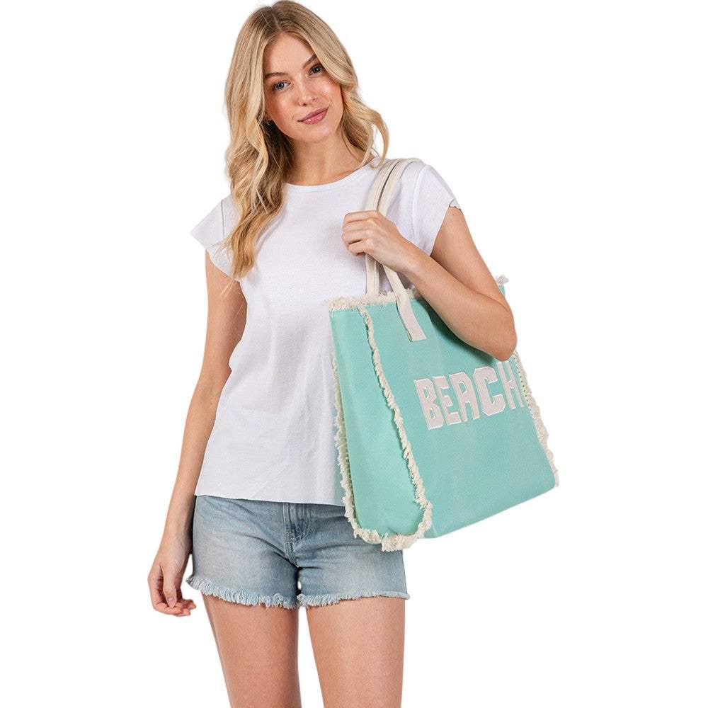 BEACH Message Embroidered Fringe Tote Bag / Beach Bag - Madeline Love - Flyclothing LLC