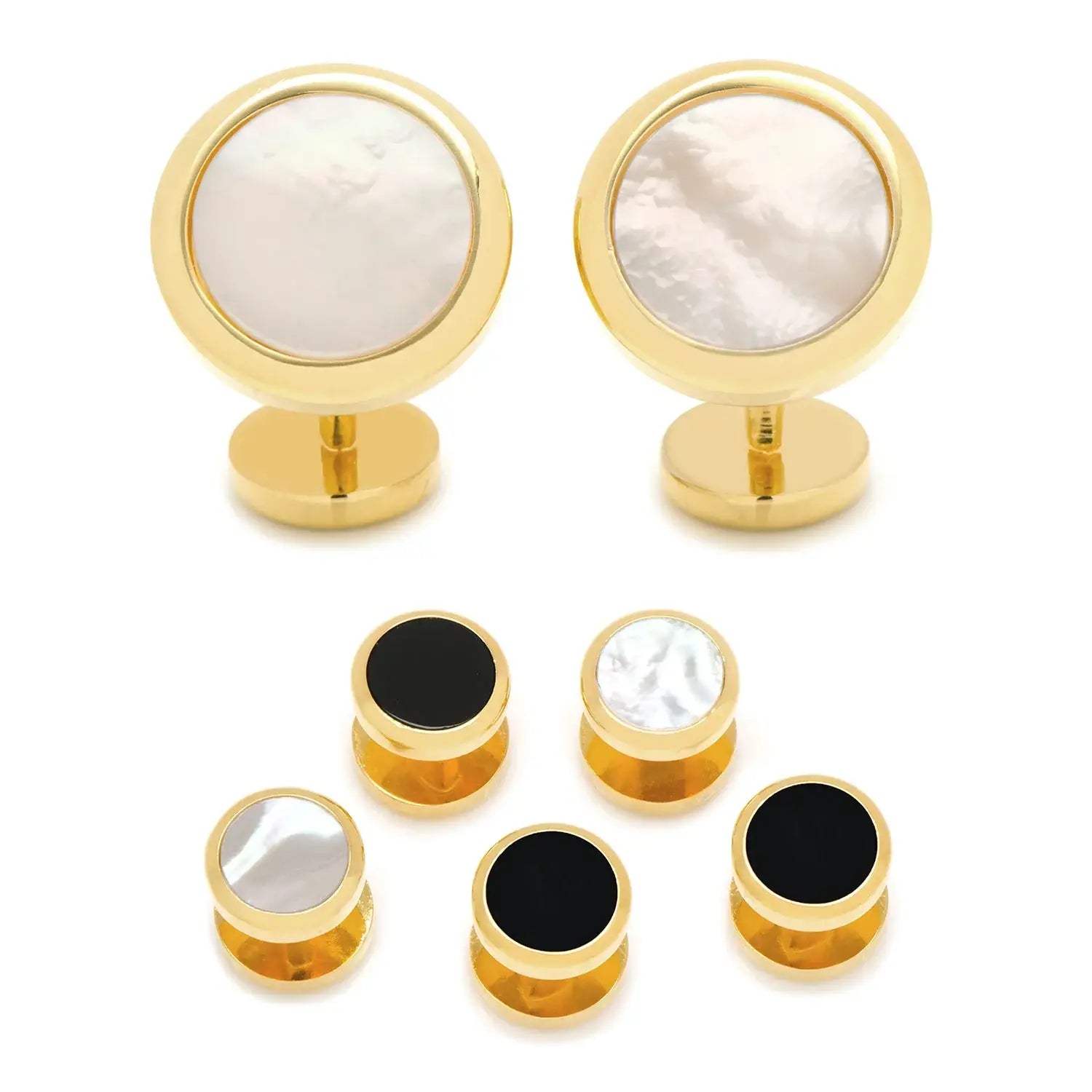 Double Sided Gold Mother of Pearl Round Beveled 5-Stud Set - Cufflinks.com - Flyclothing LLC