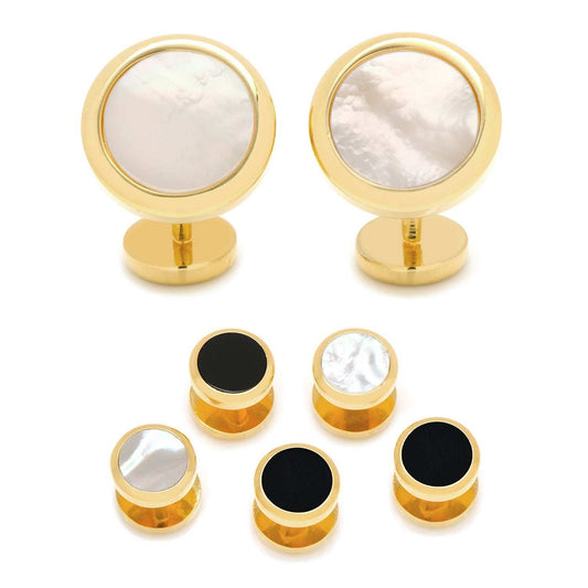 Double Sided Gold Mother of Pearl Round Beveled 5-Stud Set - Cufflinks.com - Flyclothing LLC