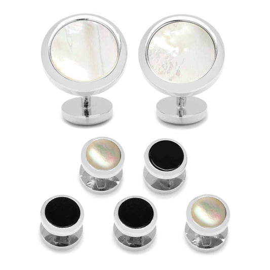 Double Sided Mother of Pearl Round Beveled 5-Stud Set - Cufflinks.com - Flyclothing LLC