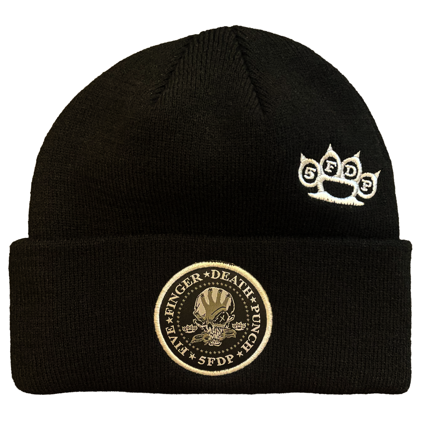 FIVE FINGER DEATH PUNCH WOVEN PATCH LOGOS 1X1 RIBBED ACRYLIC KNIT HAT