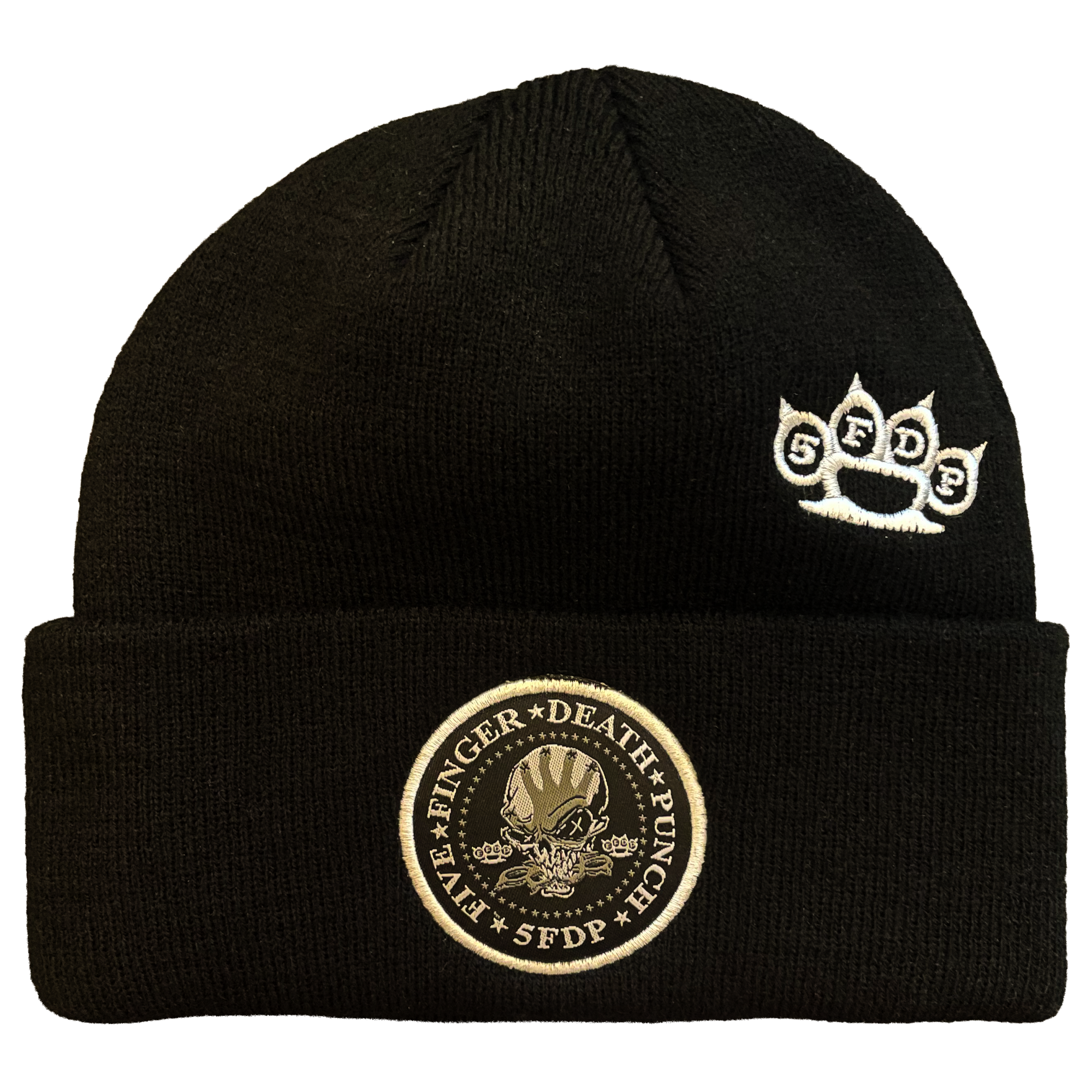 FIVE FINGER DEATH PUNCH WOVEN PATCH LOGOS 1X1 RIBBED ACRYLIC KNIT HAT