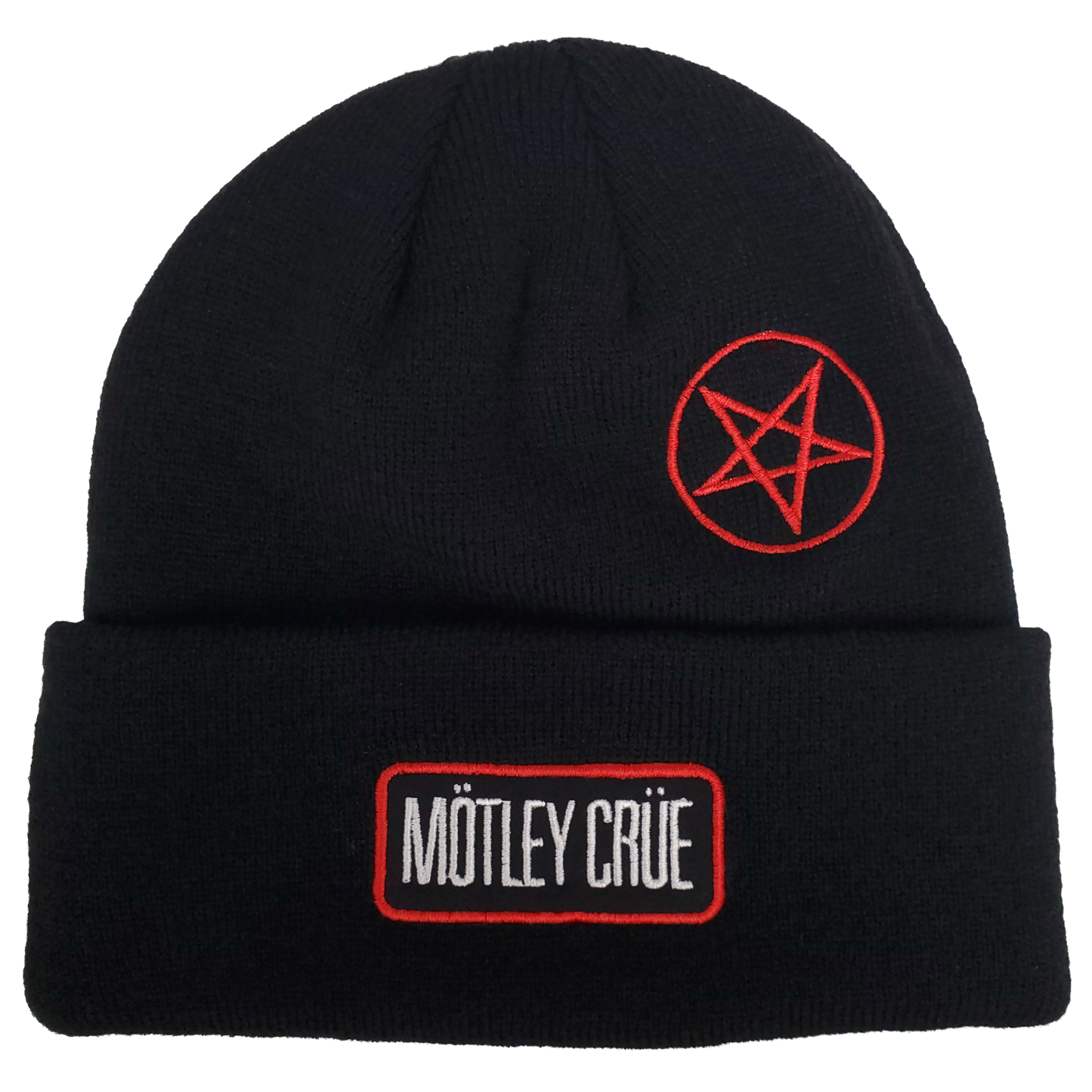 MOTLEY CRUE CUT TWILL PACTH EMROIDERED LOGOS 1X1 RIBBED BLACK ACRYLIC KNIT HAT