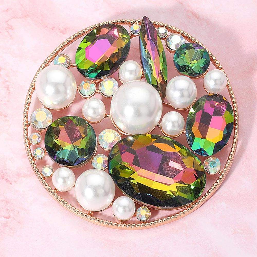 Pearl Stone Cluster Embellished Chunky Round Pin Brooch - Madeline Love - Flyclothing LLC